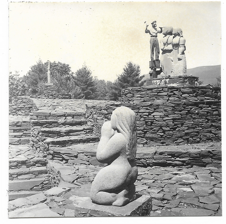 Harvey Fite Working on Quarry Family,<br />
With Original Placement of Flame, Prayer and Quarry Family,<br />
c. 1945-1950<br />
Opus 40